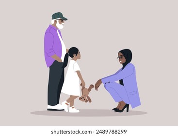 A Moment of Transition, A Young kid Meets Her caregiver, She stands with her grandfather as she prepares to meet her mother, The woman is seated on the floor, looking toward her