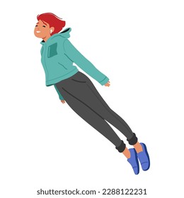 Moment Of Weightlessness, With Female Character Flying In Mid-air with Arms And Body Perfectly Balanced, Hinting At The Infinite Possibilities Of The Human Spirit. Cartoon People Vector Illustration