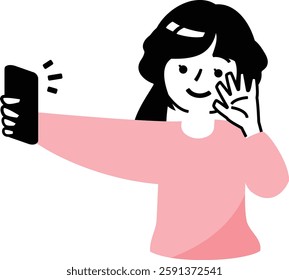 The moment when a Japanese high school girl takes a selfie with her smartphone: Illustration of a teenage high school student_student taking a selfie and posting a video