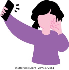 The moment when a Japanese high school girl takes a selfie with her smartphone: Illustration of a faceless woman taking a selfie and posting a video of a teenage high school student or student