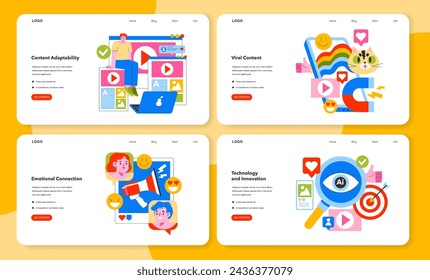 Momentary Marketing set. Pictorial web elements showcasing content adaptability, viral content creation, and technological innovation. Engaging online strategies. Vector illustration