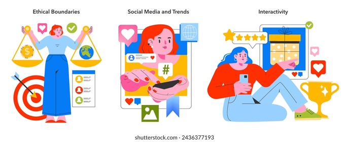 Momentary Marketing trio. Navigating ethical boundaries, social media dynamics, and user interactivity in digital campaigns. Essential marketing practices. Vector illustration