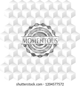 Momentous retro style grey emblem with geometric cube white background