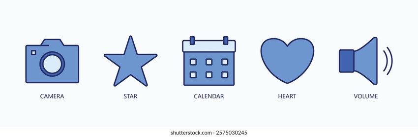 Moments And Emotions Icon Set Isolated Vector With Icon Of Camera, Star, Calendar, Heart, Volume In Blue Style