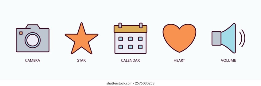 Moments And Emotions Icon Set Isolated Vector With Icon Of Camera, Star, Calendar, Heart, Volume In Outline Color Style