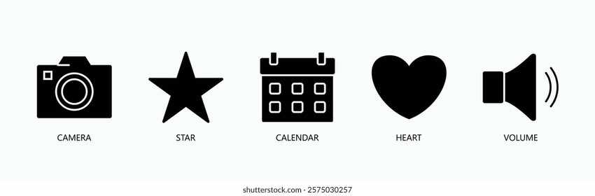 Moments And Emotions Icon Set Isolated Vector With Icon Of Camera, Star, Calendar, Heart, Volume In Glyph Style