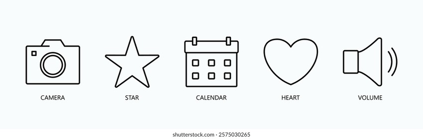 Moments And Emotions Icon Set Isolated Vector With Icon Of Camera, Star, Calendar, Heart, Volume In Outline Style