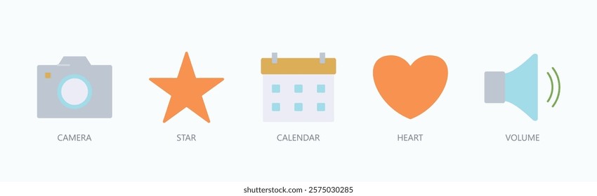 Moments And Emotions Icon Set Isolated Vector With Icon Of Camera, Star, Calendar, Heart, Volume In Flat Style