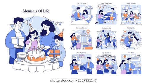 Moments Of Life set. Illustrates key life events, from birthdays to weddings and house purchases. Captures universal human experiences. Vector illustration.