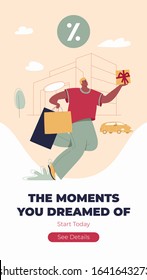 Moments you dreamed of site banner template. Funny man with shopping bags. Modern male funny character design over the mall and car linear illustration. 