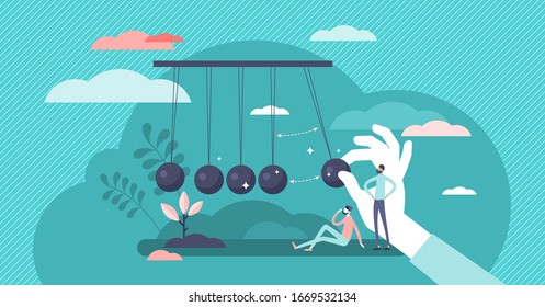 Momentum energy concept, flat tiny person vector illustration. Impulse for action and moving forward with goals metaphor. Symbolic motivation push impact and inner drive for success. Inertia force.