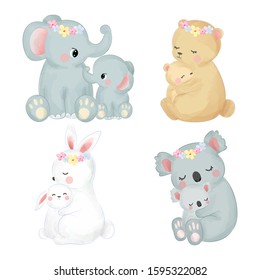 mommy and baby animals in set
