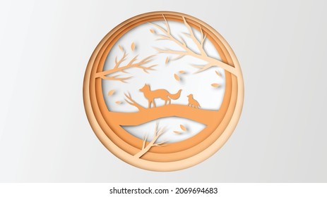 Mommy and baby fox are walking in the autumn forest. Fox family is happy in the Autumn. paper cut and craft style. vector, illustration.