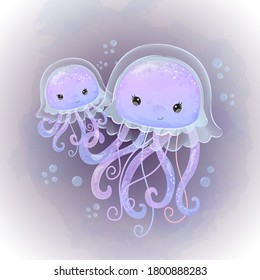 mommy and baby jellyfish swimming together