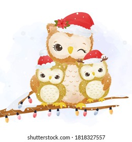 Mommy and baby owls in winter together