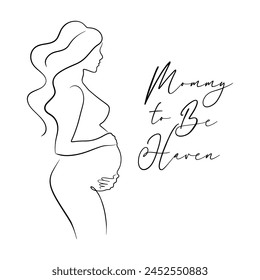 Mommy to be haven logo, text and pregnant woman in line art style