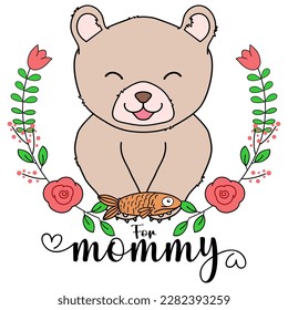 For mommy bear mother's day , baby  bear gives the fish to the Mommy bear with Flowers on transparent background. EPS. File vector illustration character design baby bear with happy mom for mother day