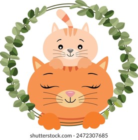 Mommy cat with her baby on her head peeking through the frame of green leaves
