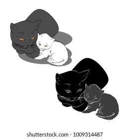 The mommy cat and her kitten, contour, and silhouette, vector illustration