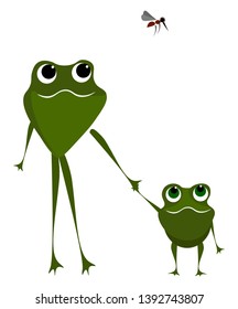Mommy and child green frogs walking holding their hands and a mosquito flies above them set isolated on white background  vector  color drawing or illustration