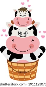 Mommy cow with baby on the head in a wooden bathtub
