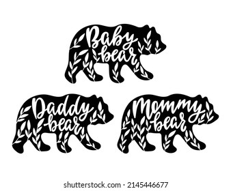 Mommy, daddy and baby bear silhouettes with leaves. Kids poster for nursery. Mothers Day card. Bear family isolated on white background. Cute baby vector illustration.