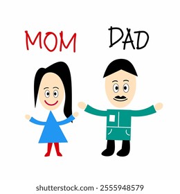 Mommy and daddy. Happy family. Vector illustration kids drawing style.