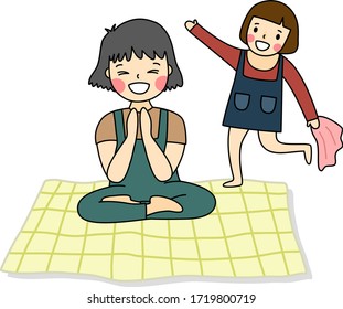 mommy and daughter sit and live together on the green yellow mat and play hiding a cloth behind one’ s back , it’s  Thai children’s games, this is fun
