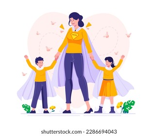 Mamá, hija e hijo con gorros de superhéroes. Superheroína mamá con niños. Ilustración del Día de la Madre