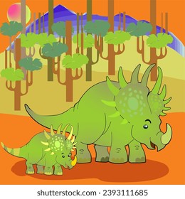 Mommy dinosaur walks with baby