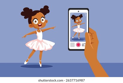 
Mommy Films Little Ballerina Girl Dancing Vector Cartoon. Mother holding phone taking picture of her ballerina daughter