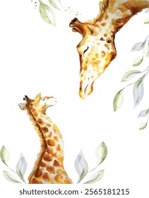 Mommy giraffe and a baby giraffe who are reaching to each other 