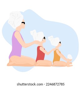 Mommy and Girls in swimsuits with a towel on hair and sunglasses vector illustration. National Bubble Bath Day. National Single Parent Day