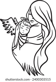 Mommy holding Baby Angel, baby loss vector image for gift decor wall art, baby with wings svg