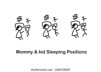 Mommy and kid sleeping positions , Line art vector illustration , Chinese characters or kanji Japanese on the head of the cartoon character means mother and child, 