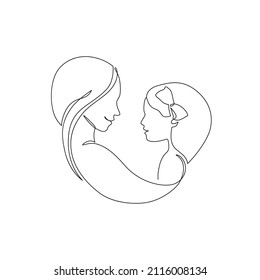Mommy little kid line drawing. Abstract family continuous line art. Mom hugging her daughter. Hand drawn illustration for Happy International Mother's Day, loving family, parenthood childhood concept