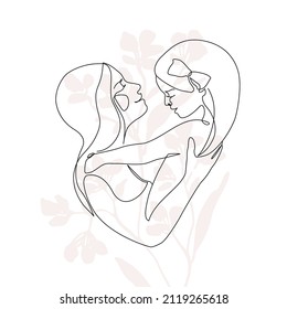 Mommy little kid line drawing. Abstract family continuous line art. Mom hugging her daughter. Hand drawn illustration for Happy International Mother's Day, loving family, parenthood childhood concept