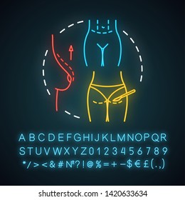 Mommy makeovers neon light icon. Body contouring procedure. Childbearing. Plastic surgery techniques. Glowing sign with alphabet, numbers and symbols. Vector isolated illustration
