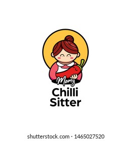 Mommy mom chilli lover chilli sitter logo with cute mother mascot character as babysitter of spicy chilli