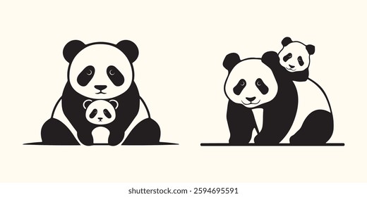Mommy panda silhouette, panda mom and baby illustration vector and panda icon