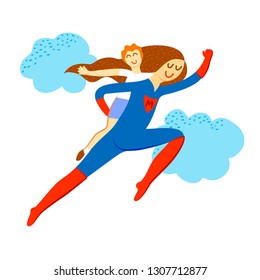 Mommy superhero with baby flies up to the sky. Vector illustration eps8