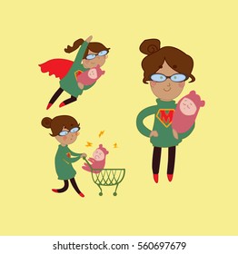 Mommy superhero and her little baby.