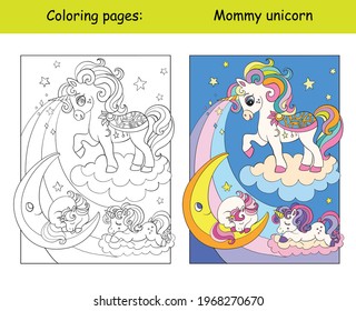 Mommy unicorn with two sleeping babies. Coloring book page for children with colorful template. Vector cartoon isolated illustration. For coloring book, education, print, game, decor, puzzle, design