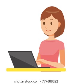 Mommy wearing short sleeve clothes is operating a laptop computer