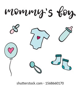 Mommy's boy. Baby shower invitation with hand drawn lettering and set of icons in blue color. Template for birthday party card with pacifier, bootees, bodysuit, bottle, clack. Vector illustration.