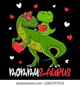 MommySaurus , Mama T-Rex and Baby Dinosaurus With Hearts T-Shirt Design For Mother's Day EPS. SVG. File vector illustration character design  Doodle Funny cartoon style svg