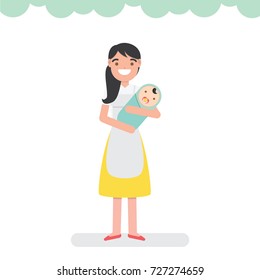 Mom/Nanny/Baby sitter Taking Care The Baby - Vector Character