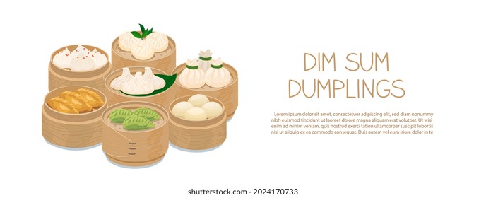 Momo and dim sum food sets in bamboo steamer baskets. Steamed dumplings banner template isolated on white. Asian traditional cuisine. Vector illustration in cartoon flat style