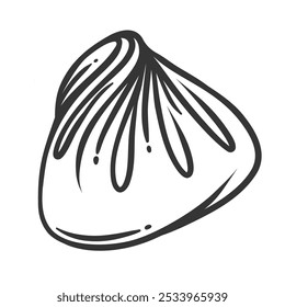 Icono de línea de masa de masa Momo. Pan de bao al vapor dibujado a mano, relleno de momo dumpling en tibetano. Mascota de la cocina asiática, tradicional chino Baozi, georgiano Khinkali, icono de Ilustración vectorial Manti