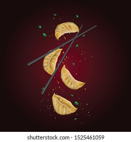 Momos with chilli flakes and chopsticks Vector Art